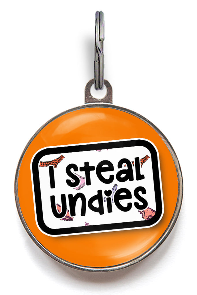 Funny dog tag with the phrase “I Steal Undies” printed on it, perfect for mischievous dogs with bold personalities