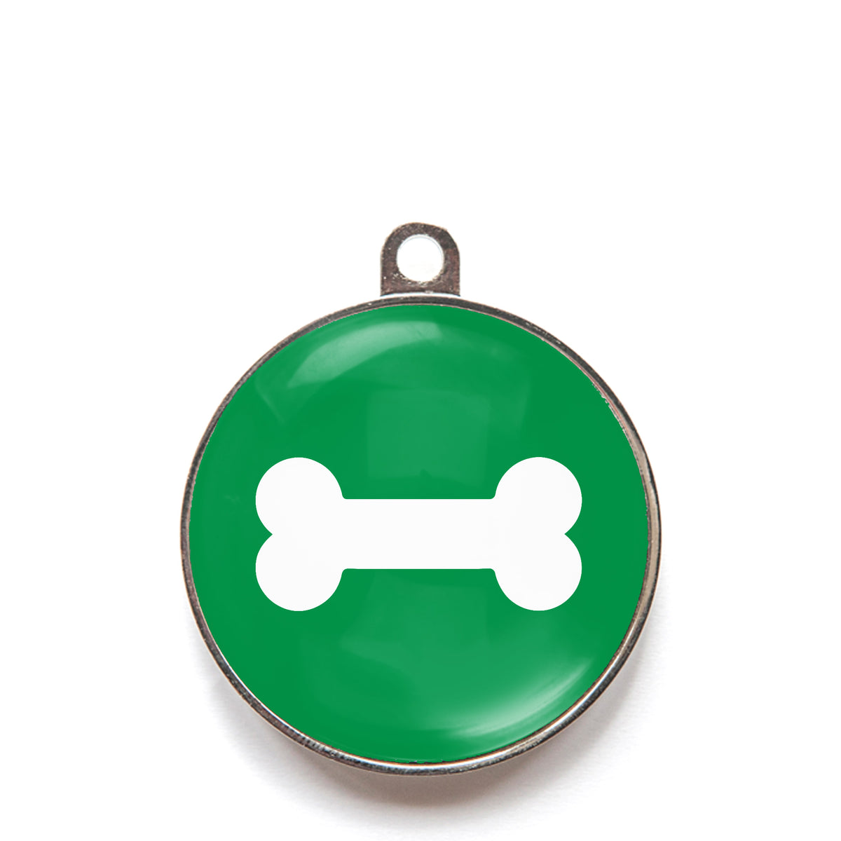 Green classic bone dog ID tag with white bone icon