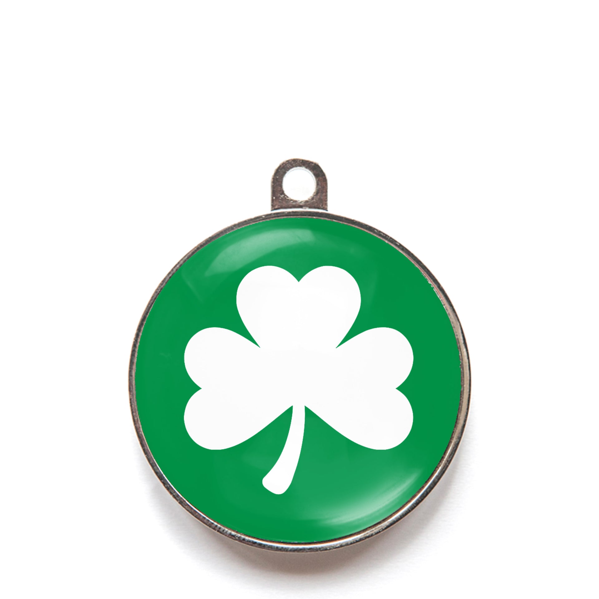 Green classic clover dog ID tag with white shamrock icon