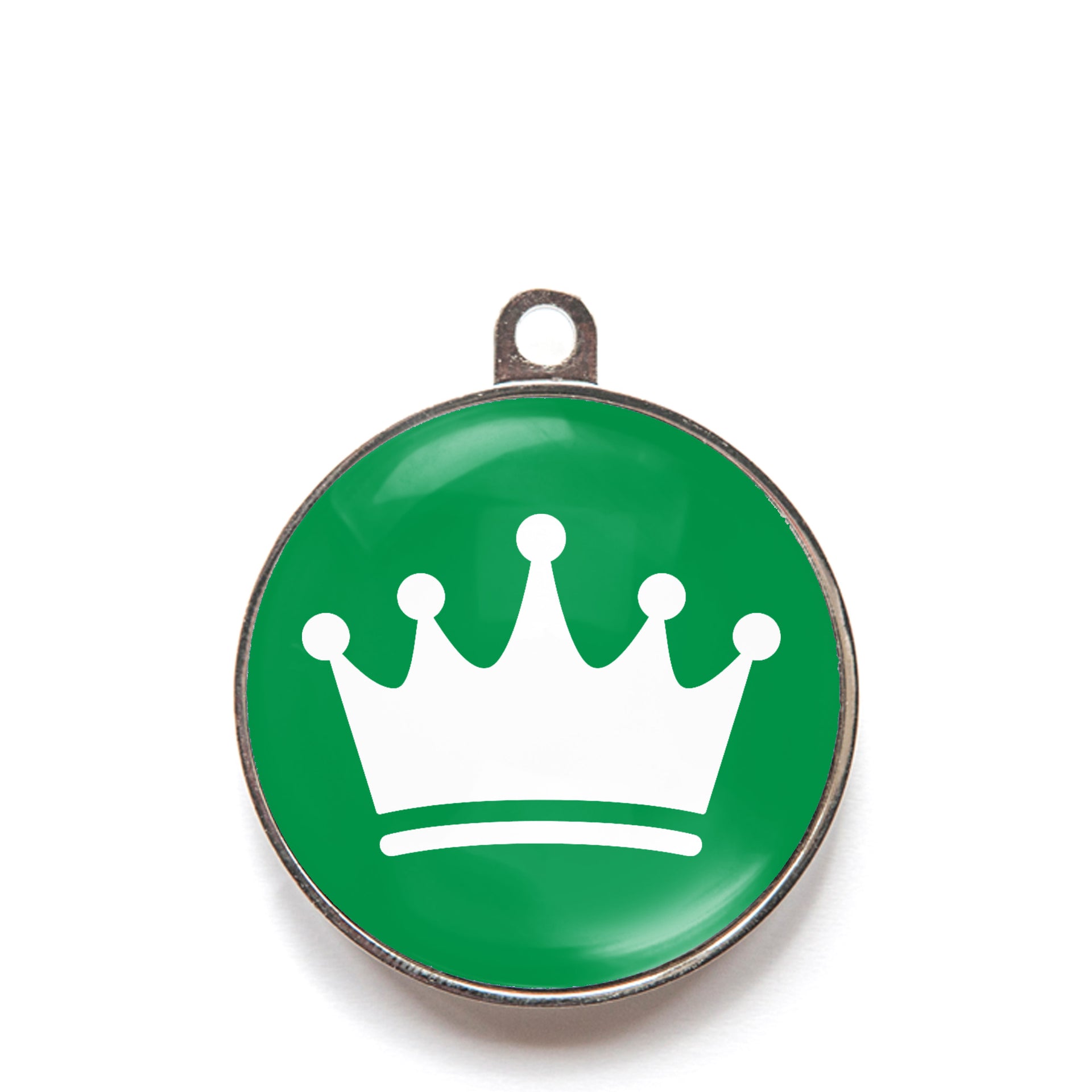 Green princess crown dog ID tag with white crown icon