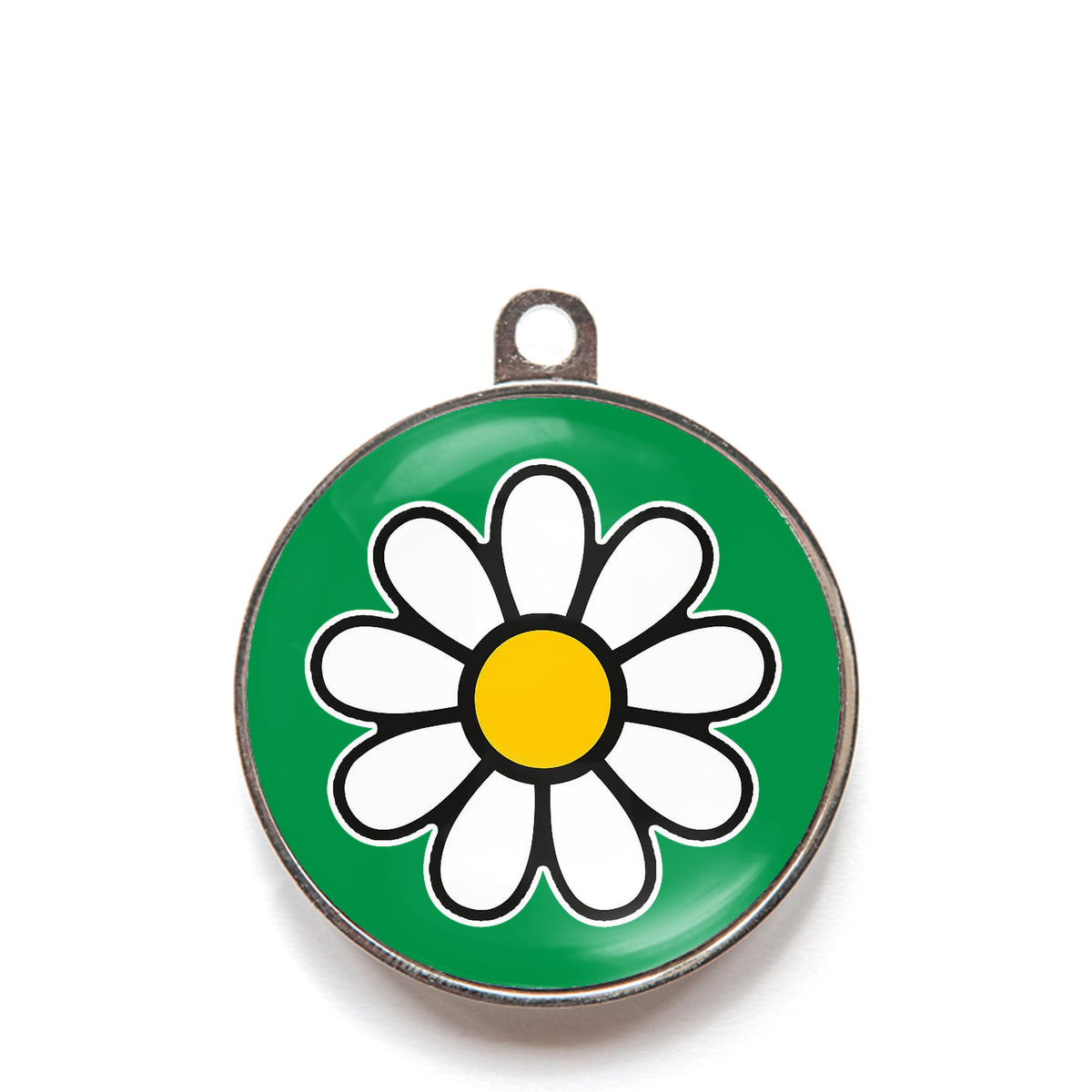 Green daisy dog ID tag with white flower icon