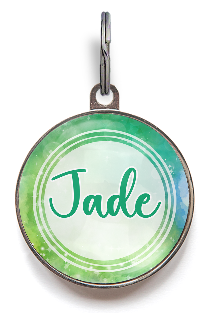 Green galaxy pet tag with the name “Jade” on front – cosmic dog or cat ID tag with customisable back and celestial design