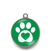Green heart paw dog ID tag with white paw print and heart icon