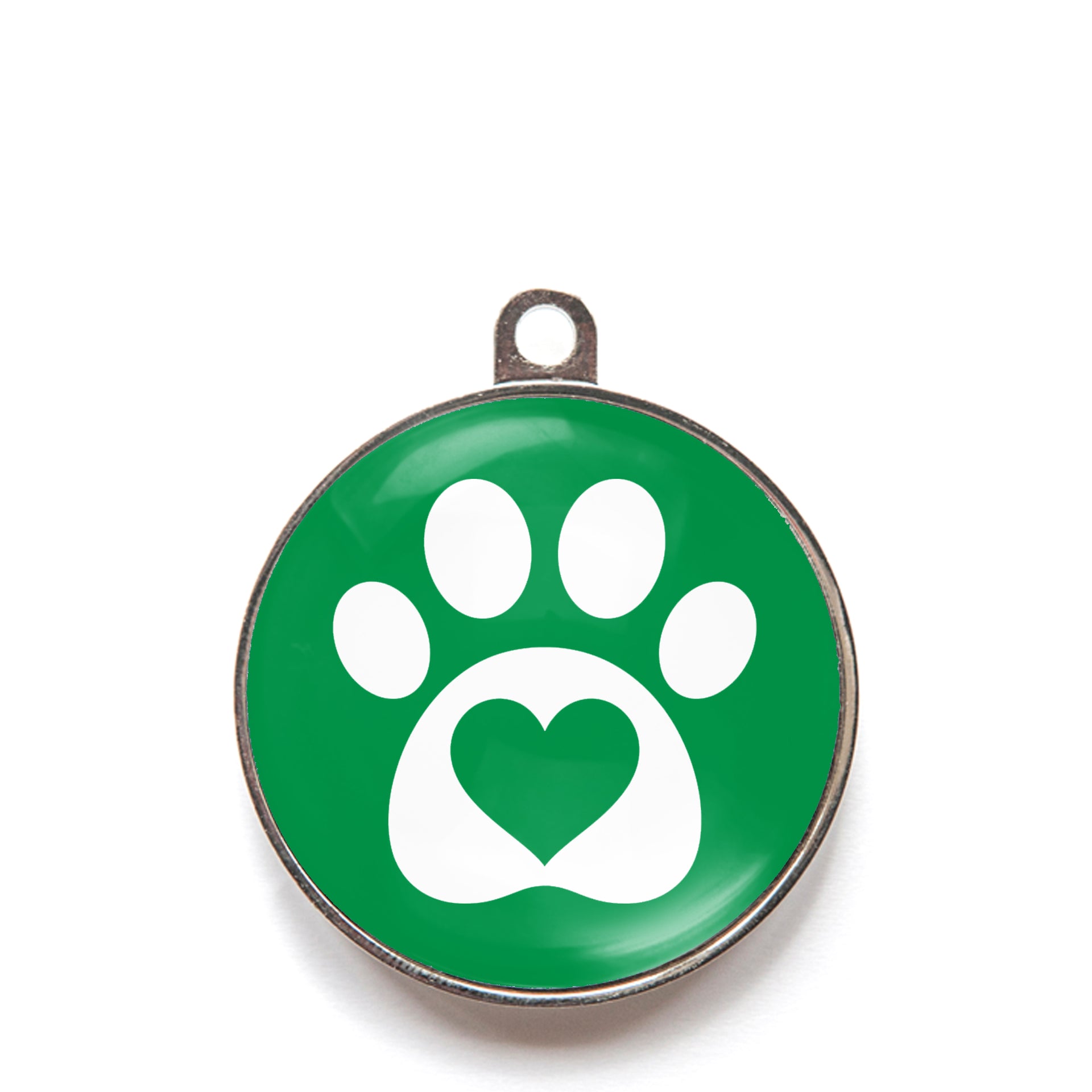 Green heart paw dog ID tag with white paw print and heart icon