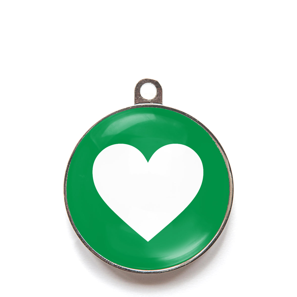 Green heart dog ID tag with white heart icon
