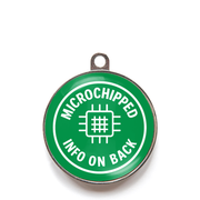 Green microchipped info on back dog ID tag with chip icon