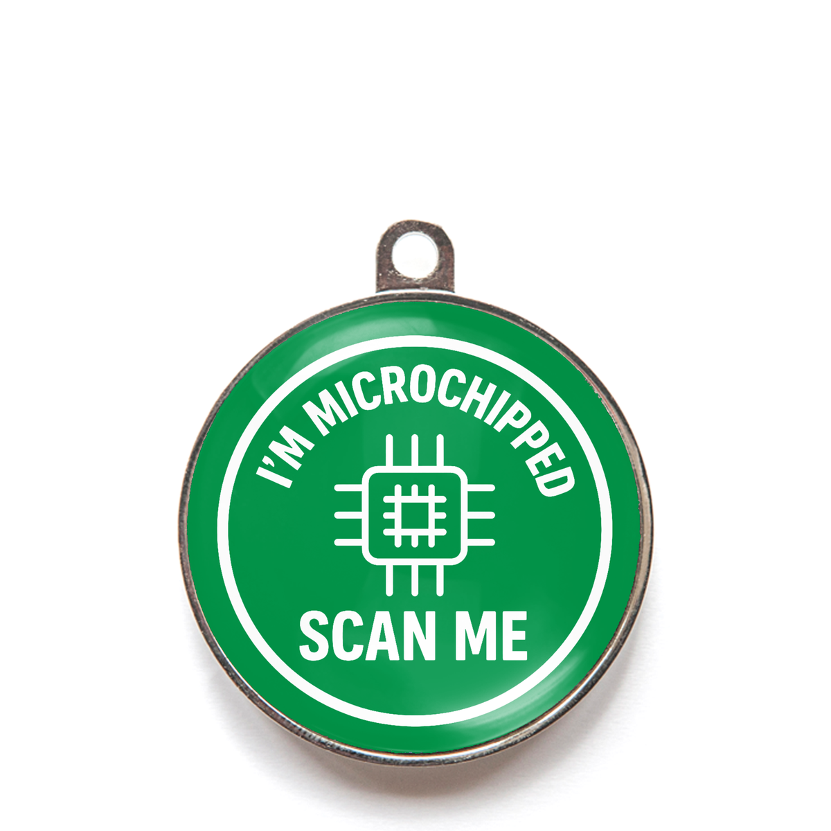 Green I’m microchipped scan me dog ID tag with chip icon