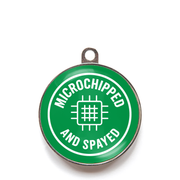 Green microchipped and spayed dog ID tag with chip icon