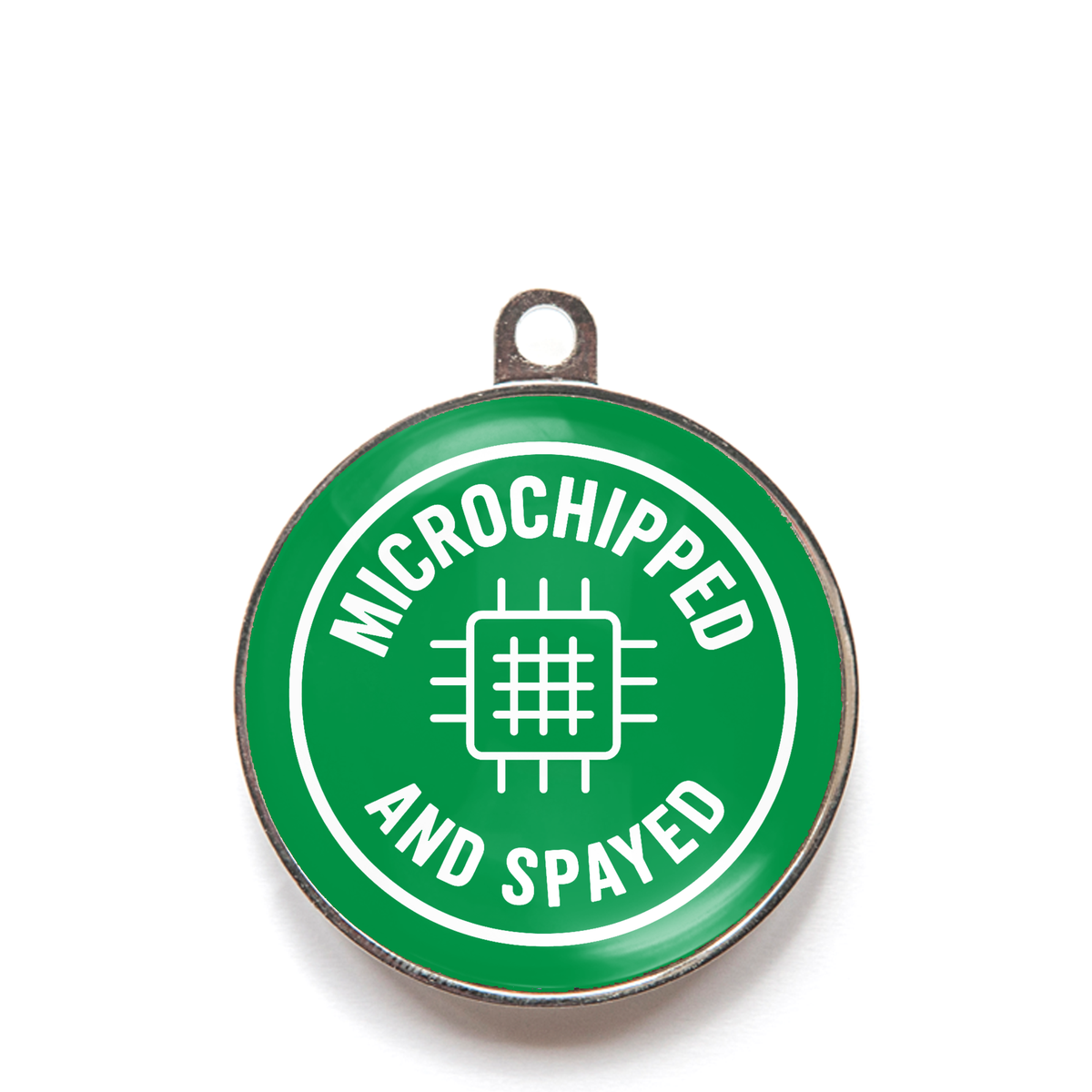 Green microchipped and spayed dog ID tag with chip icon