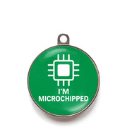 Green I’m microchipped dog ID tag with chip icon