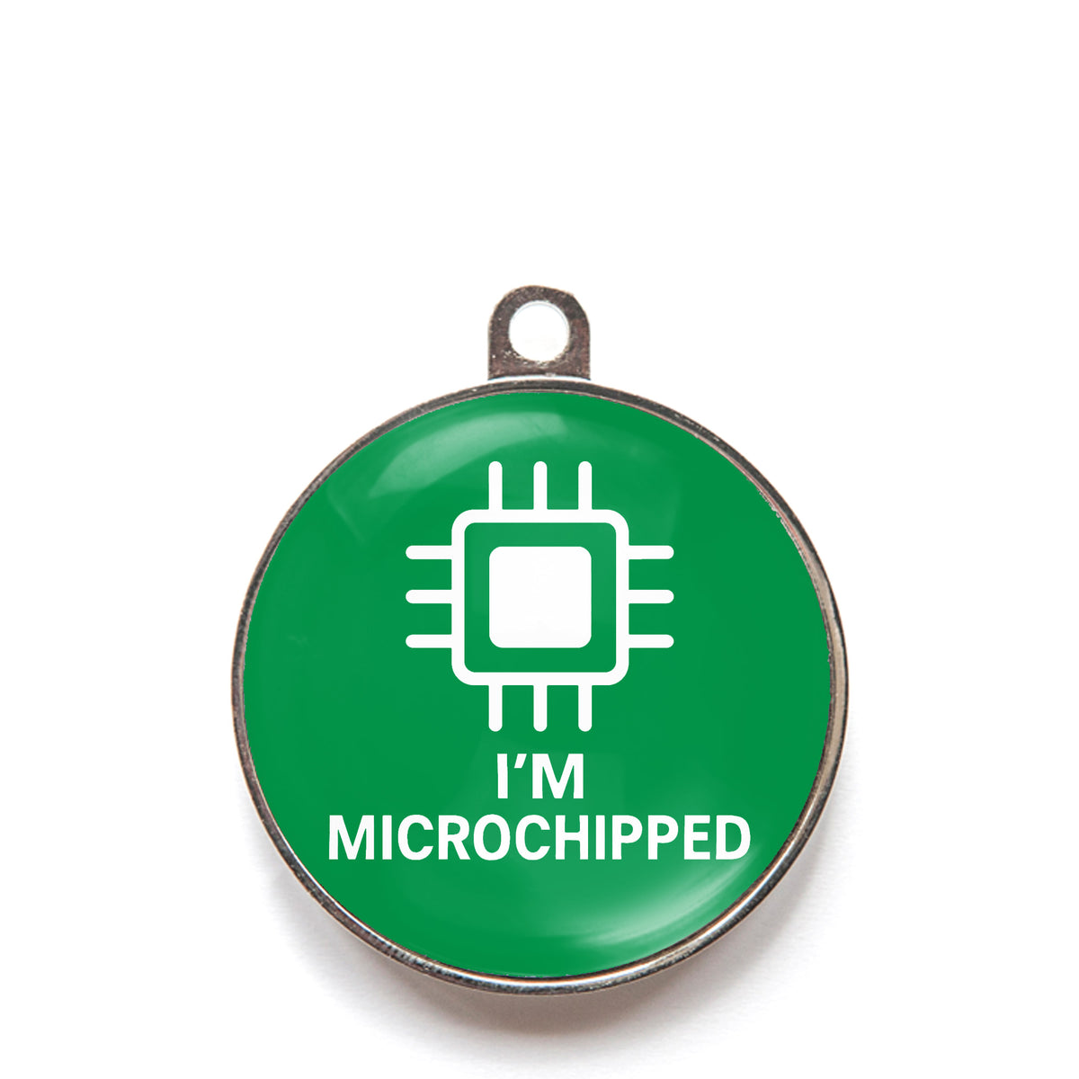 Green I’m microchipped dog ID tag with chip icon