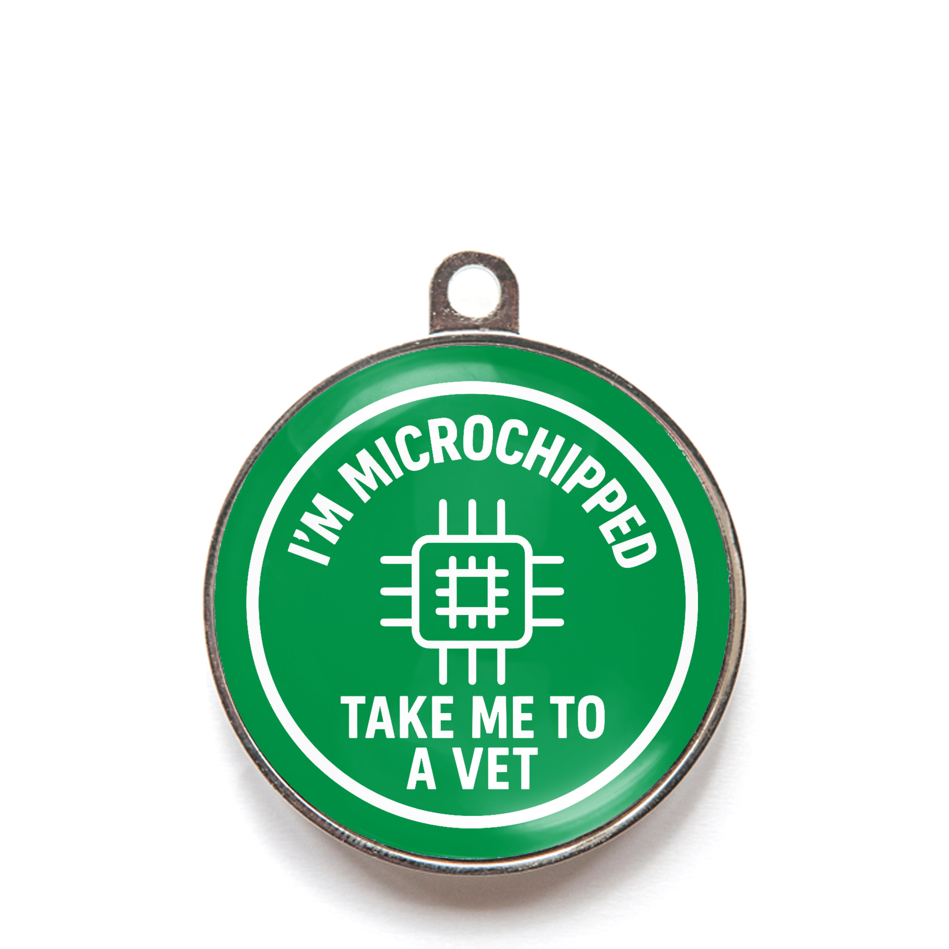 Green microchipped take me to a vet dog ID tag