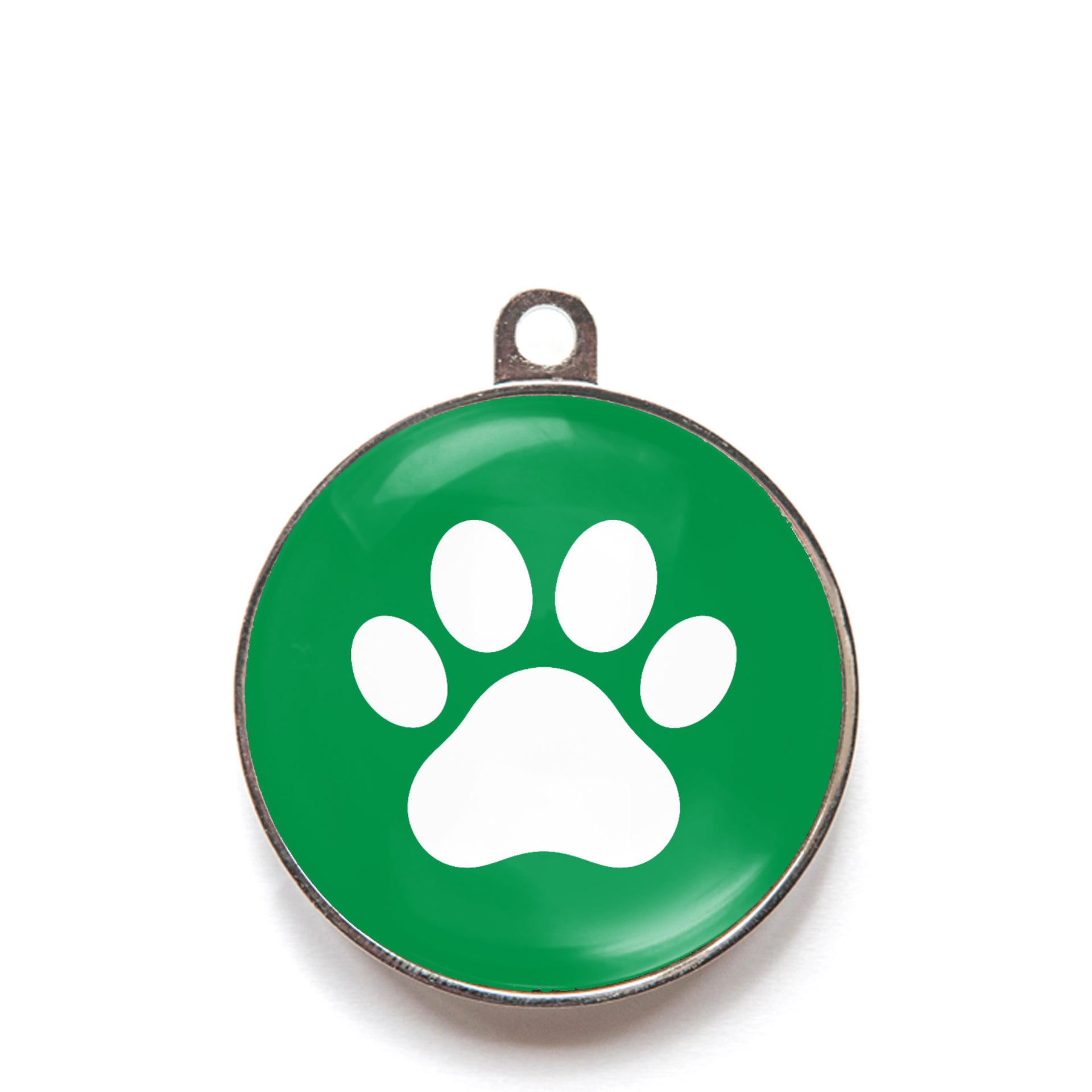 Green paw print dog ID tag with white paw icon