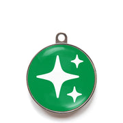 Green sparkle dog ID tag with white sparkle icons