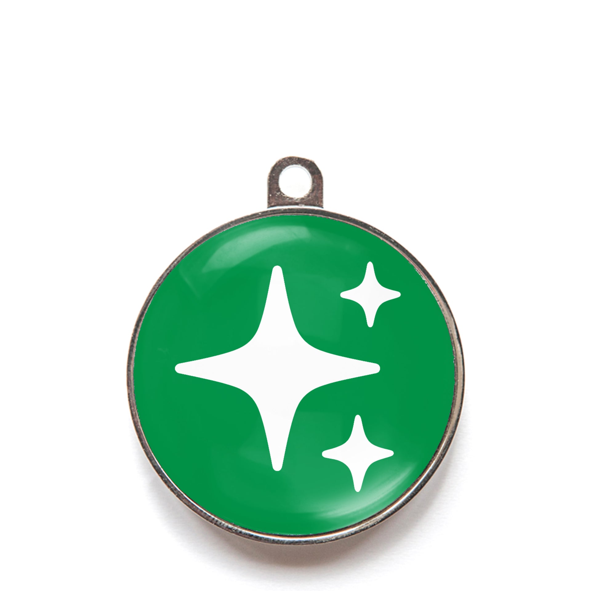 Green sparkle dog ID tag with white sparkle icons