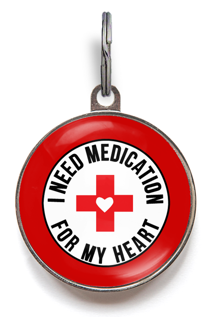 Heart condition dog tag with the text “I Need Medication for My Heart” with split ring attachment to easily put on a collar – medical alert for dogs with heart issues