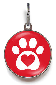 Red heart paw dog ID tag with white paw print and heart icon and glossy resin finish