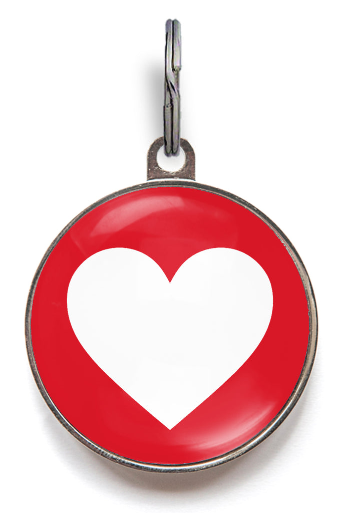 Red heart dog ID tag with white heart icon and glossy resin finish