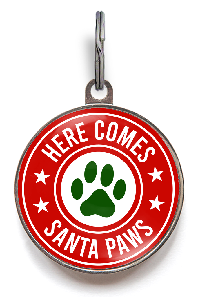 Here Comes Santa Paws Pet Tag on a red and white tag, featuring a festive green paw print