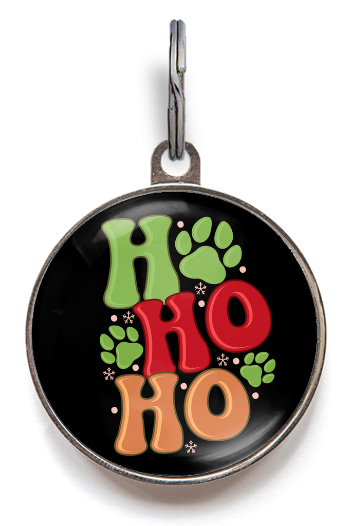 Ho Ho Ho Christmas Pet Tag. Featuring the colourful words Ho Ho Ho on a black background. Channel your inner Santa in style. 
