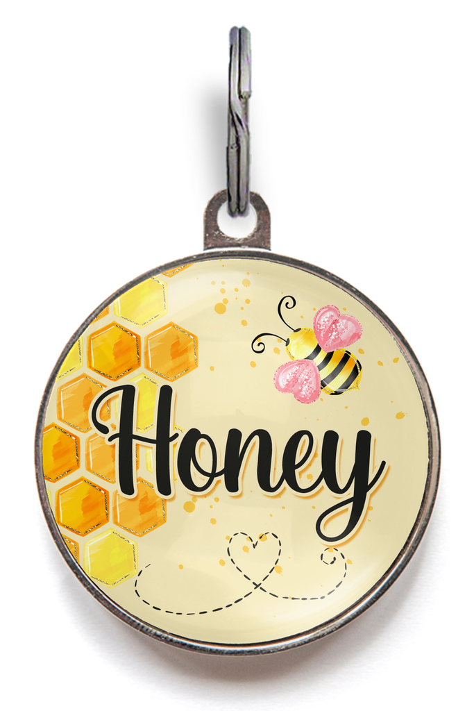 Honey Pet Tag For Cats & Dogs Featuring beautiful honey bee and honeycomb on a sweet yellow background