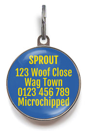 Back of hot dog pet name tag - can be personalised with up to 5 lines of text 