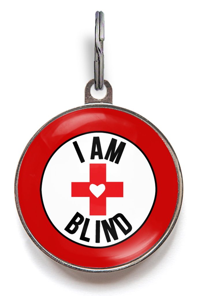 Medical alert “I Am Blind” pet tag for blind dogs and cats in red and white design
