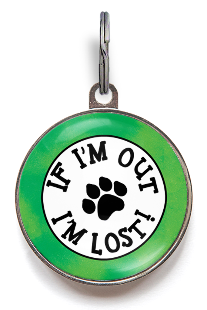 If I’m Out, I’m Lost cat ID tag with pawprint design, available in 36 vibrant colour options