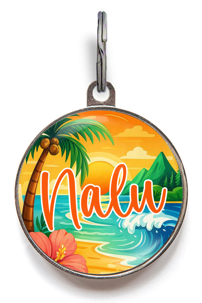 Island dog tag with tropical sunset design, featuring palm trees, ocean waves, and the name "Nalu" – custom pet tag for dogs and cats