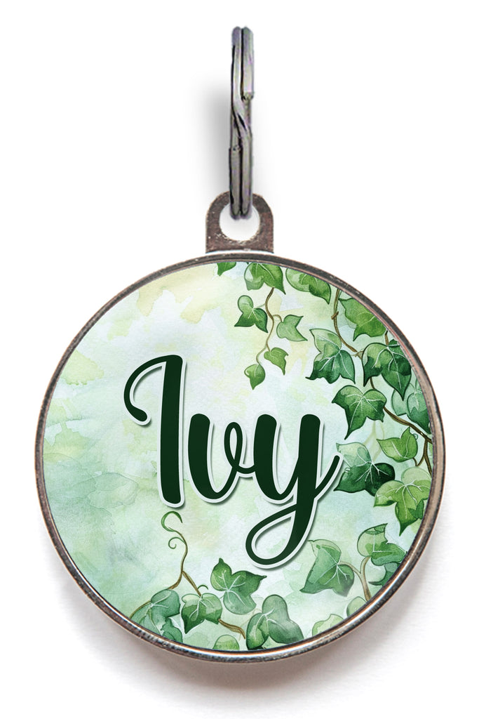 Ivy dog tag with leafy green ivy design and the name "Ivy" on the front – personalised pet ID tag for dogs and cats