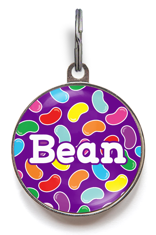 Jelly Bean Pet Tag - Featuring colourful jelly beans on a bright purple background