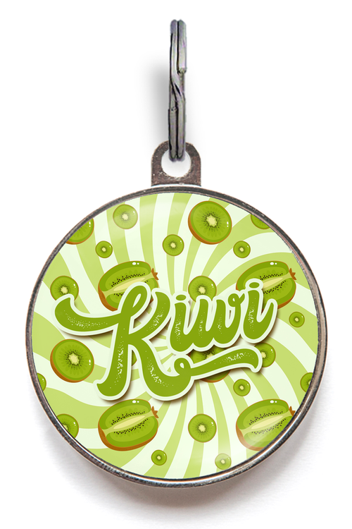 Kiwi Fruit Pet Tag For Dogs & Cats featuring kiwi fruits over a green swirling sunburst pattern