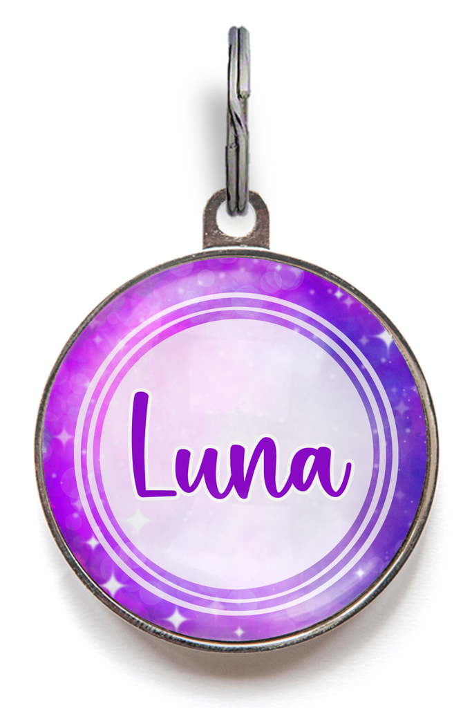 Purple galaxy pet tag with custom name “Luna” on front – galactic-themed dog or cat tag with personalised contact info on back