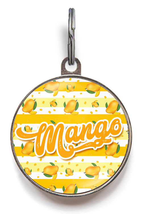 Mango Dog Tag For Dogs & Cats featuring a cute mango pattern on an orange and white stripe background