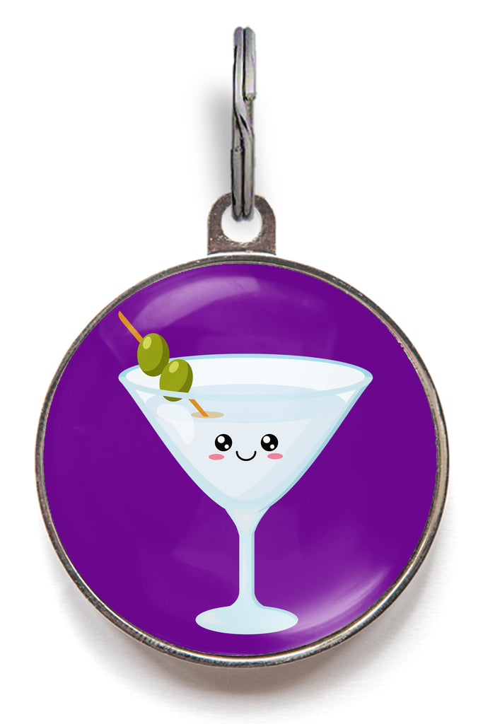 Martini dog tag with cartoon cocktail glass and olives on purple background – personalised cocktail-themed ID tag for dogs and cats