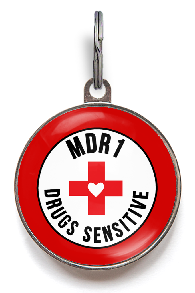 MDR1 dog tag with the details “MDR1 –-Drug Sensitive,” which can be easily attached to a pet collar for dogs with medication sensitivity