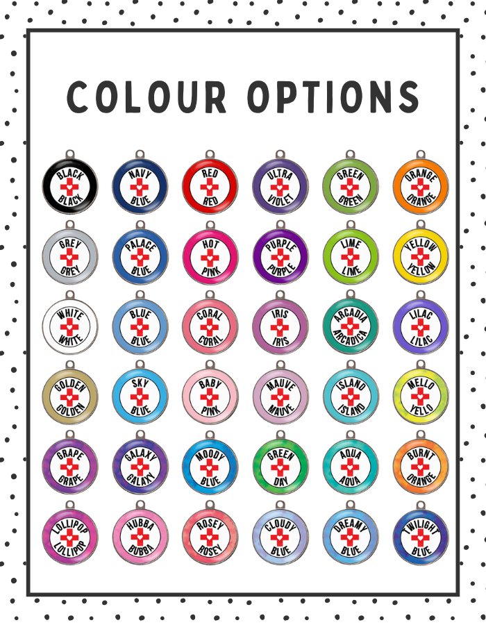36 Colour options for a medical dog tag