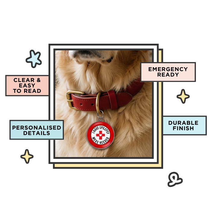 medical alert dog tag on collar showing epilepsy design with custom details