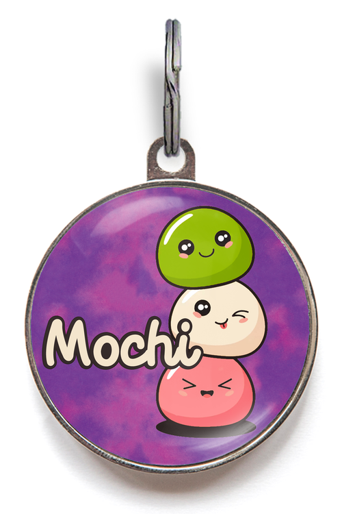 Mochi Pet Tag For Cats and Dogs - Featuring 3 kawaii mochis pulling silly faces on a colourful background