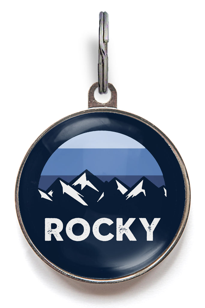 Custom Rocky Mountain dog tag with blue sky and mountain silhouette, personalised name for dogs and cats