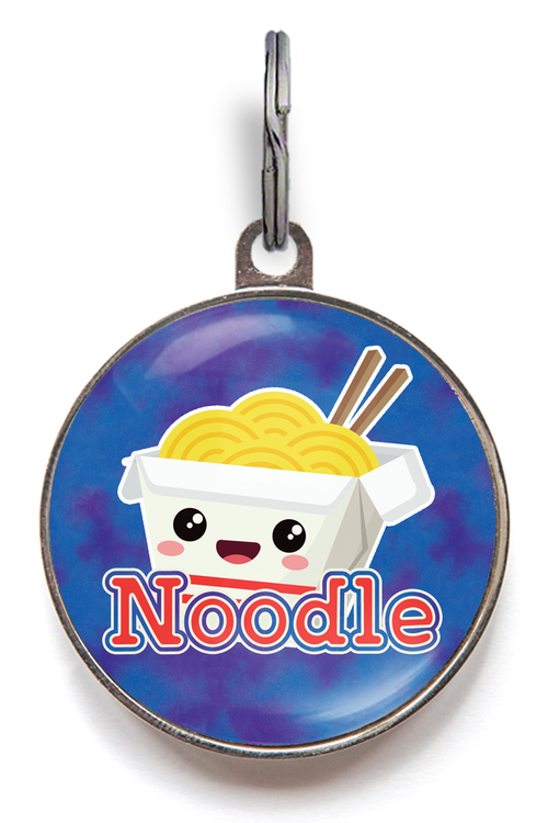 Noodle Pet Tag For Dogs & Cats - Featuring a cute take-out box of noodles on a colourful background.