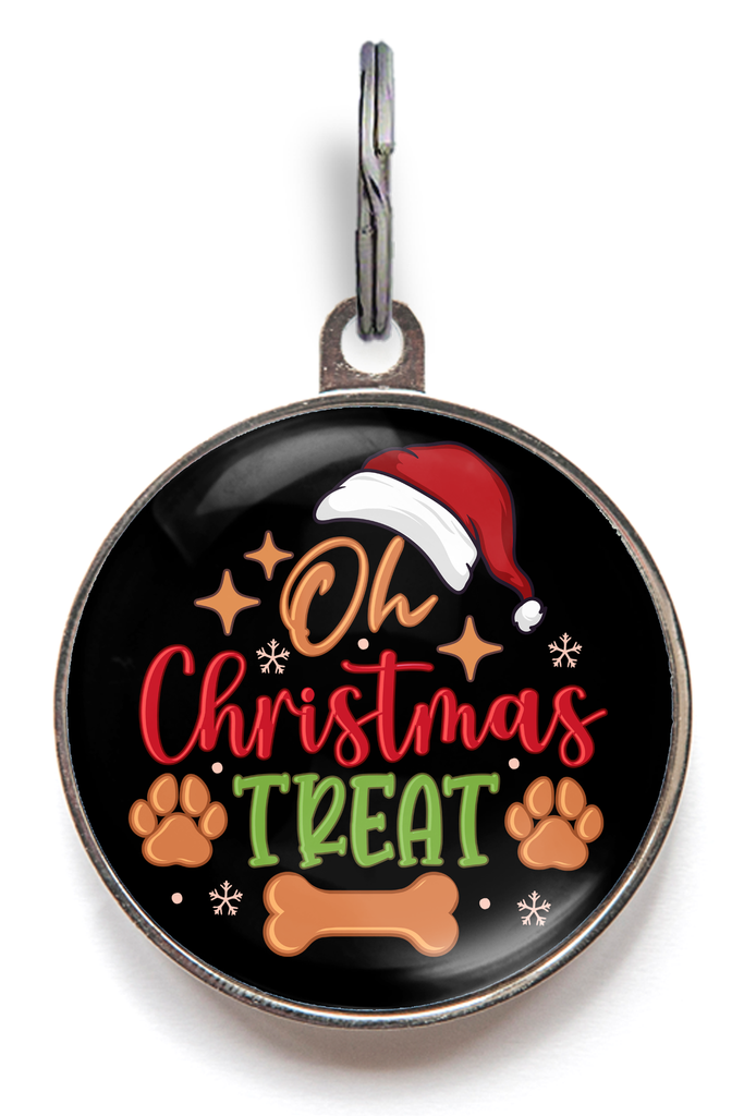 Oh Christmas Treat Dog ID Tag. Colourful words on a black background, with added Santa hat for style. 