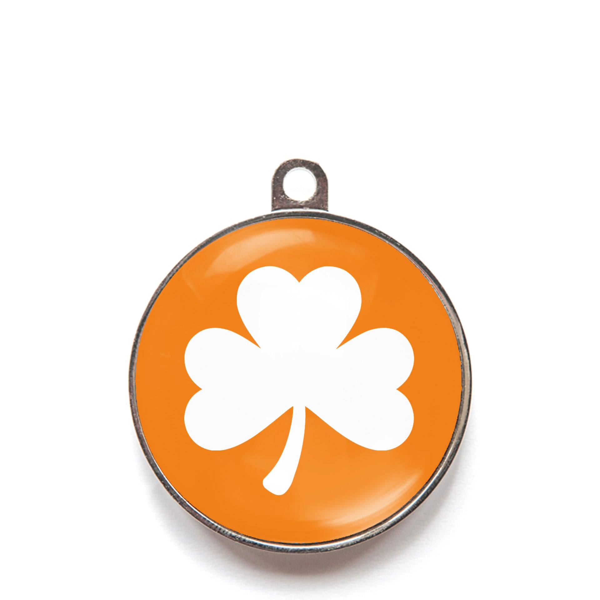 Orange classic clover dog ID tag with white shamrock icon