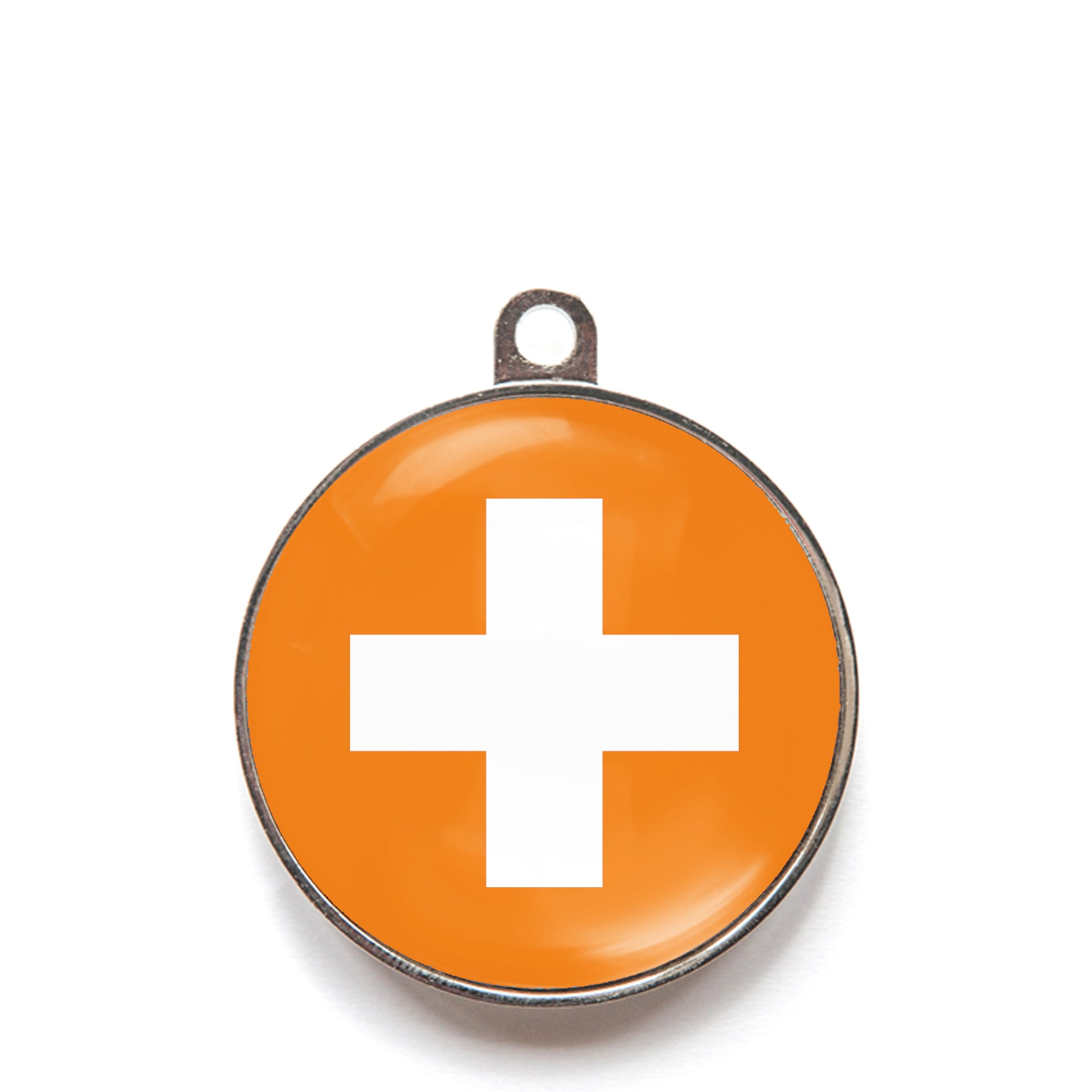 Orange classic cross dog ID tag with white medical-style cross icon