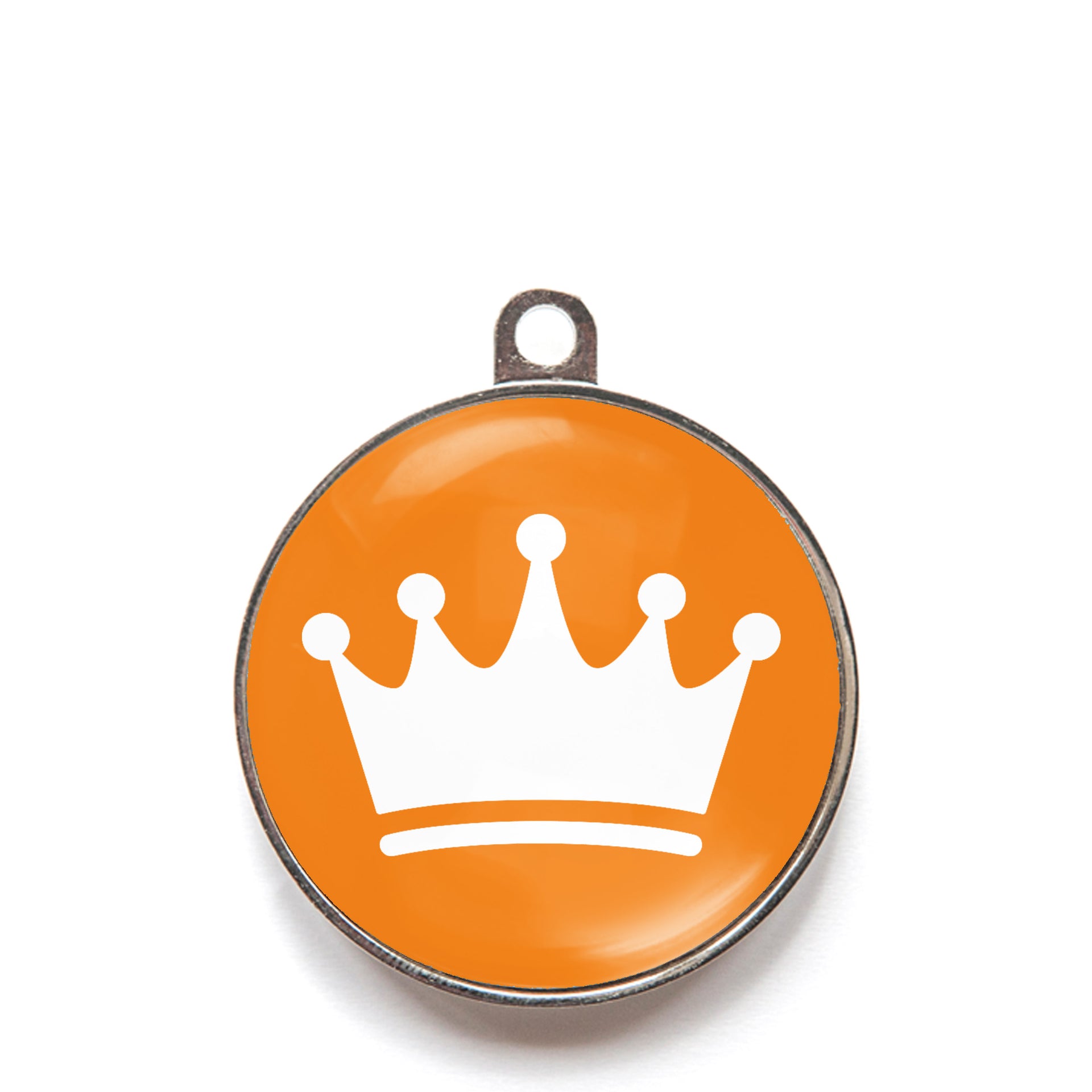 Orange princess crown dog ID tag with white crown icon