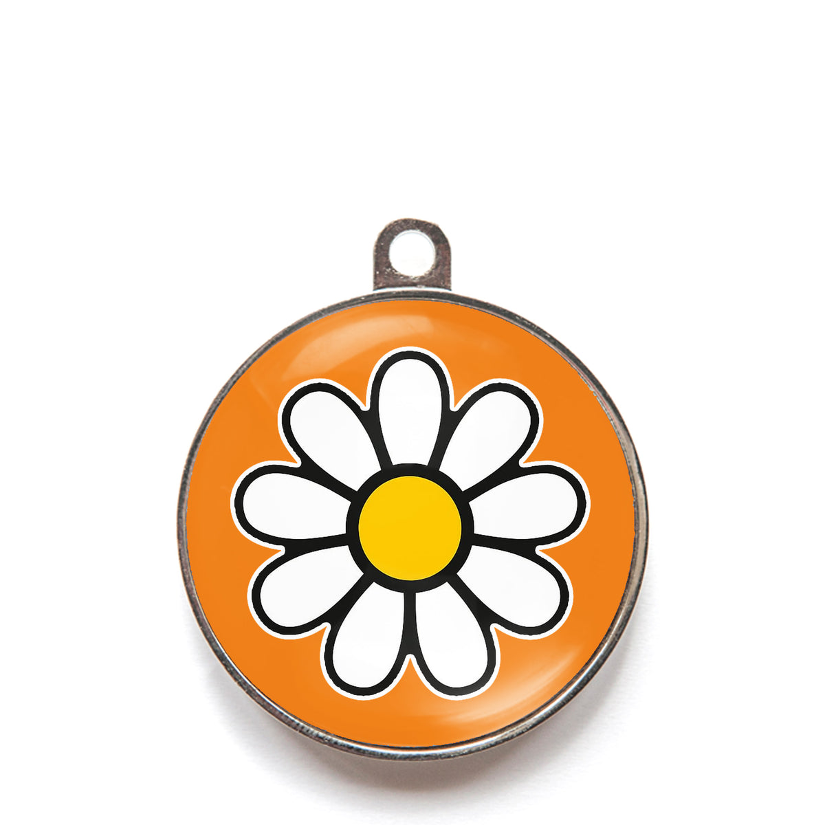 Orange daisy dog ID tag with white flower icon