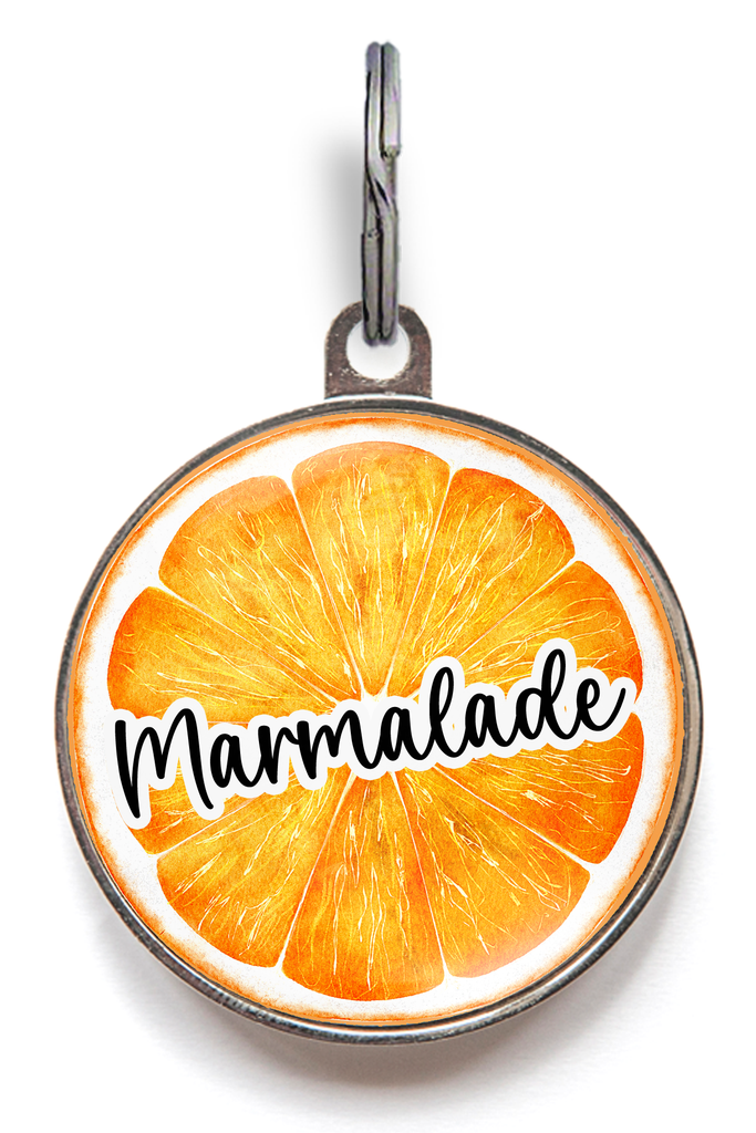 Orange slice pet tag with custom pet name – citrus-themed ID tag for cats or dogs with personalised contact info on the back