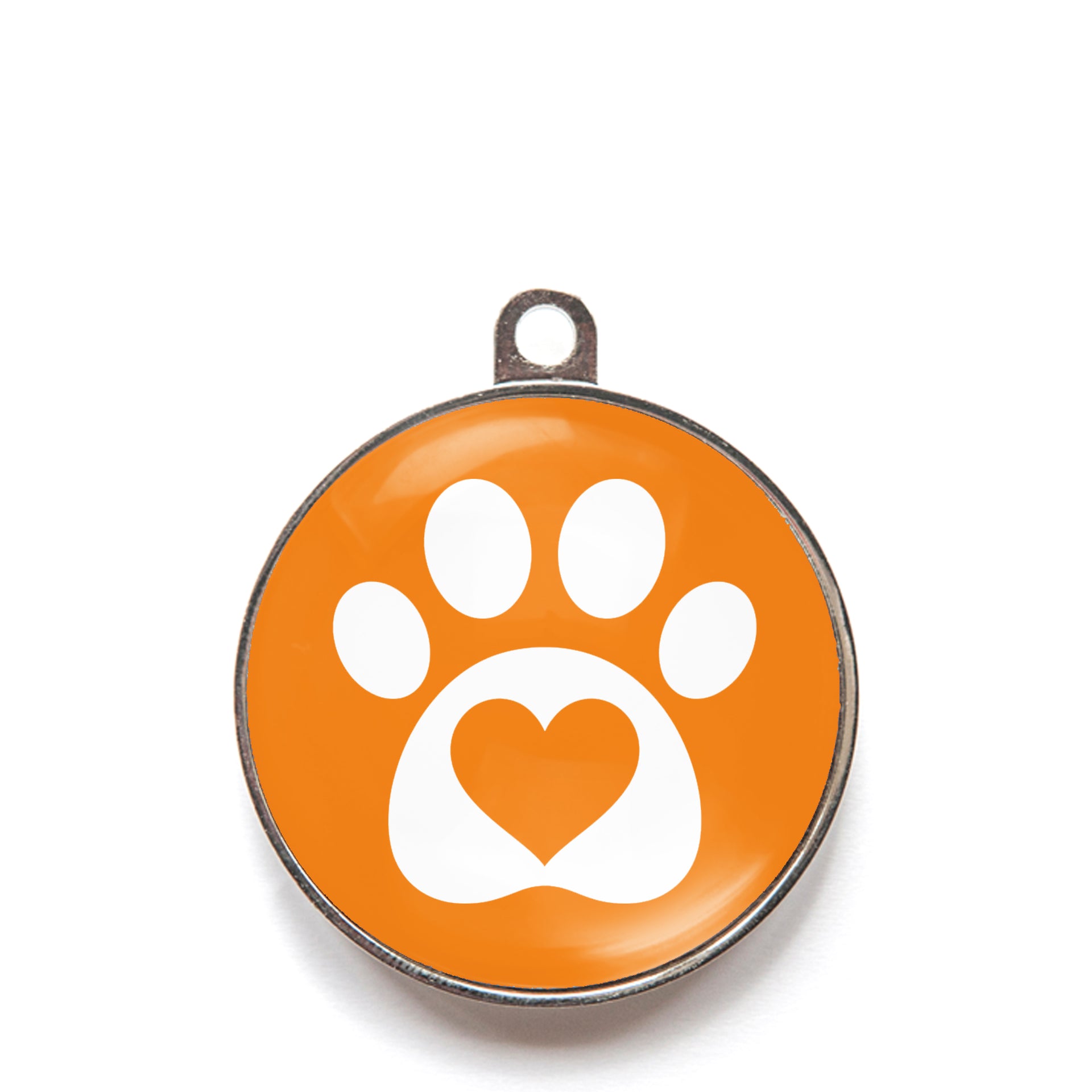 Orange heart paw dog ID tag with white paw print and heart icon