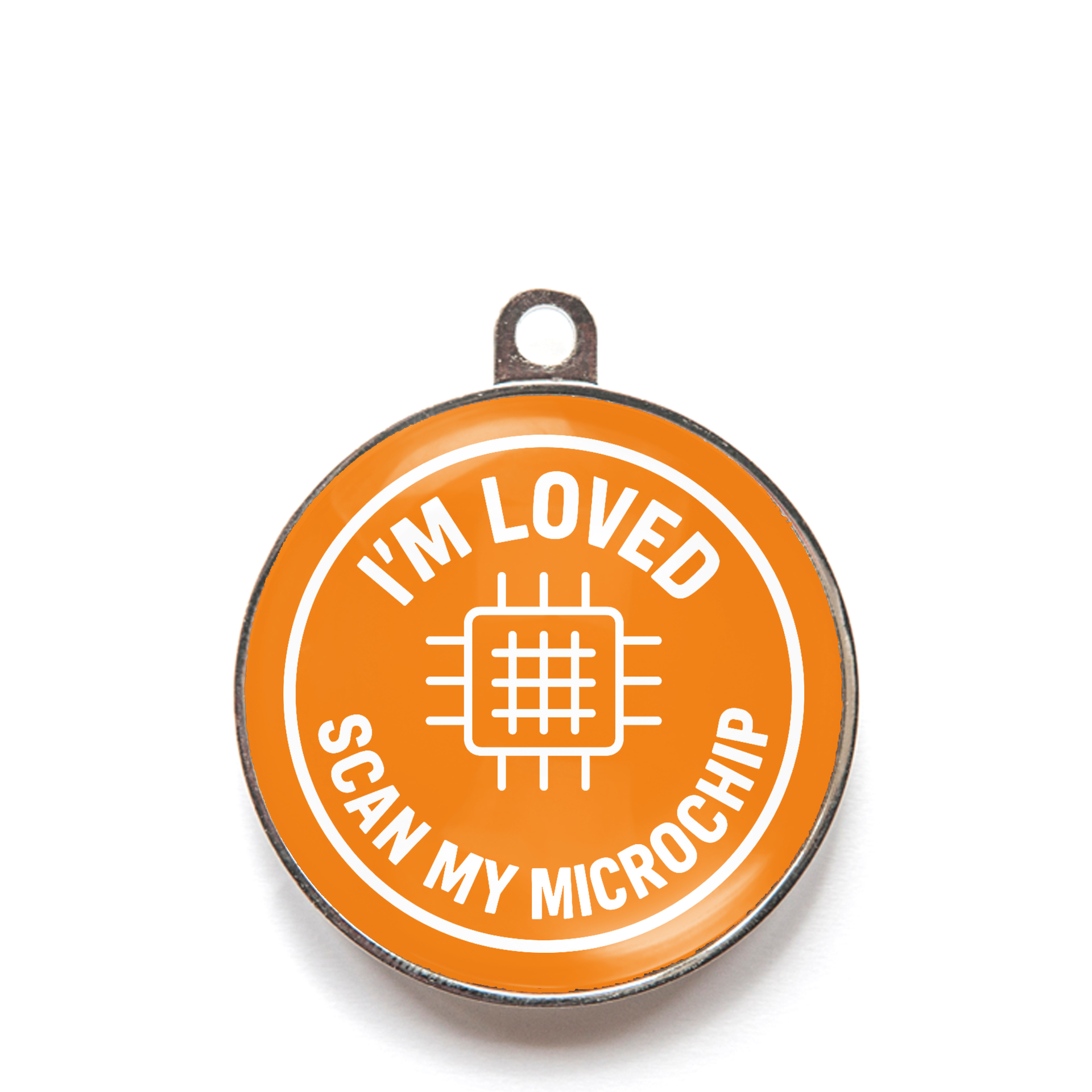 Orange “I’m Loved – Scan My Microchip” personalised pet ID tag