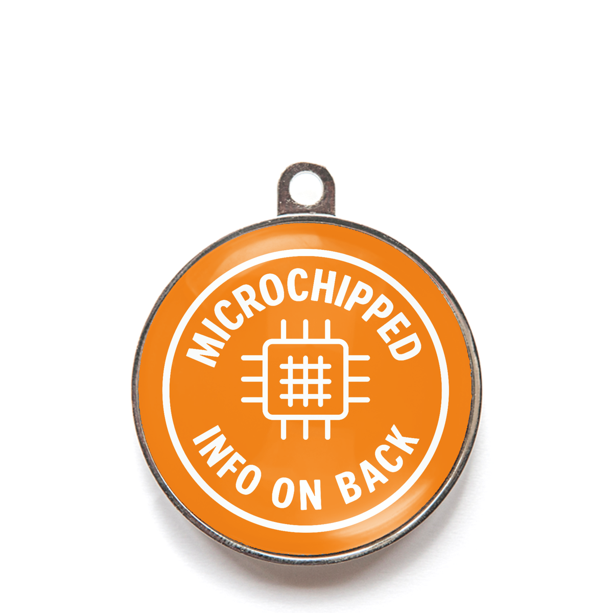 Orange microchipped info on back dog ID tag with chip icon